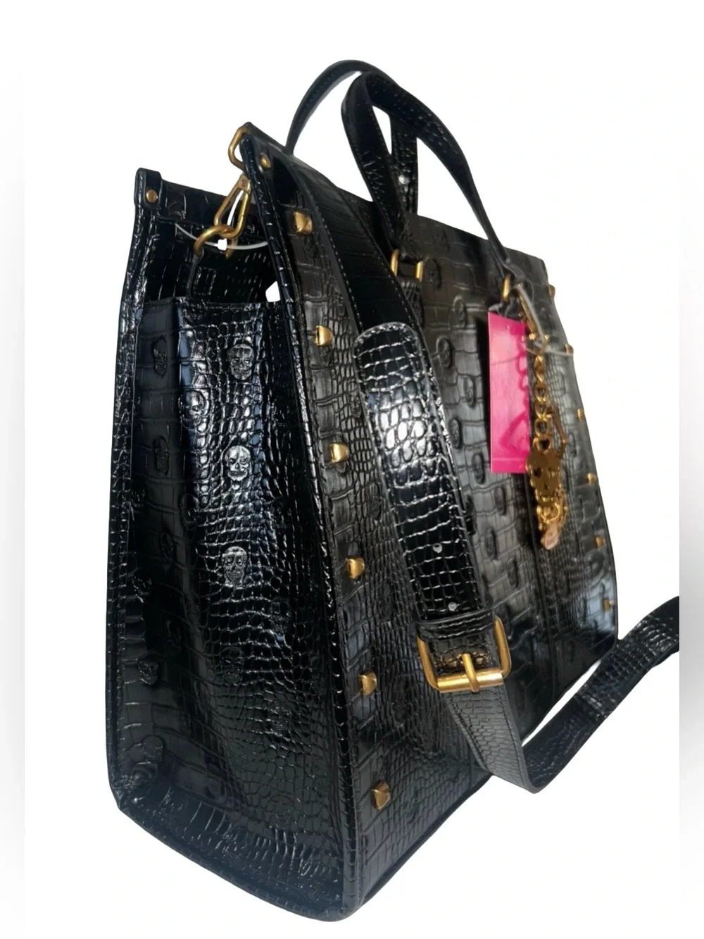 Betsey Johnson NWT Black Croc Skull Embossed Tote Bag & Gold Skull Charm (P234)